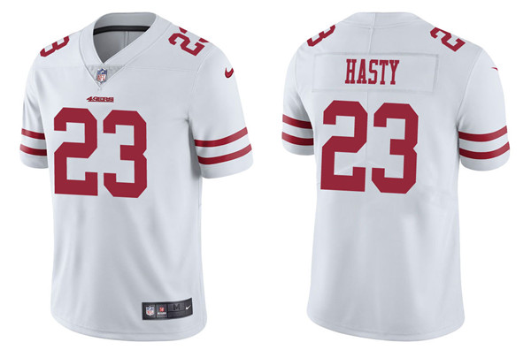 Men's San Francisco 49ers #23 JaMycal Hasty 2021 White Vapor Untouchable Limited Stitched Jersey Men's San Francisco 49ers #23 JaMycal Hasty 2021 White Vapor Untouchable Limited Stitched Jersey